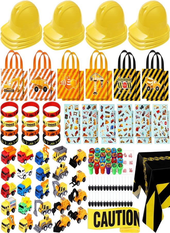 Sratte 148 Pcs Construction Birthday Party Supplies Include 12 Construction Hats, 24 Truck Toys, 12 Vehicle Stickers, 12 Silicone Bracelet, 12 Goodie Bag, 24 Stamps, 50 Shovels, 1 Tablecloth,1 Tape - Image 1